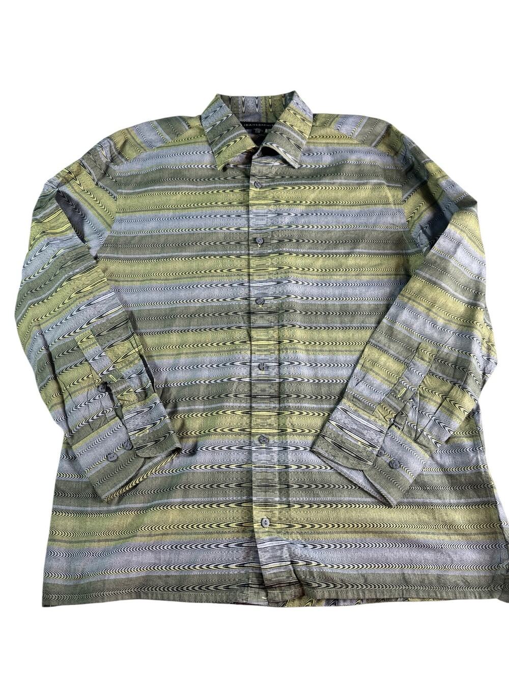 Jhane Barnes Mens Lg Vintage 90s Abstract Optical Wave Snap Collar Shirt Green
